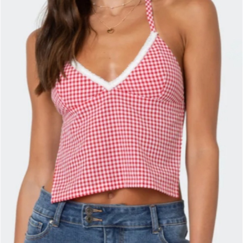 Red Crop Tank Top with V Neck Sleeveless Design